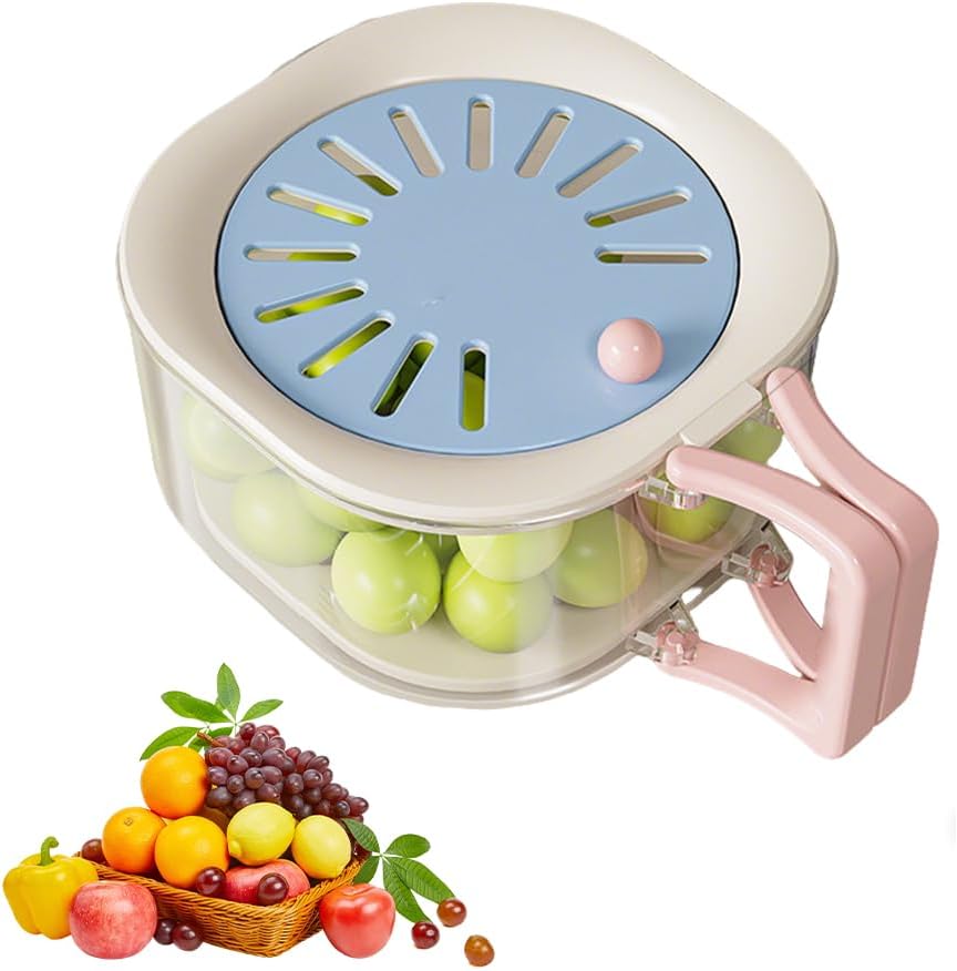 Multifunctional Fruit Washing Bowl with Strainer, 2026 Upgraded 2-in-1 Draining and Preservation Basket, Fruit Drainer Container with Foldable Handle (Blue)