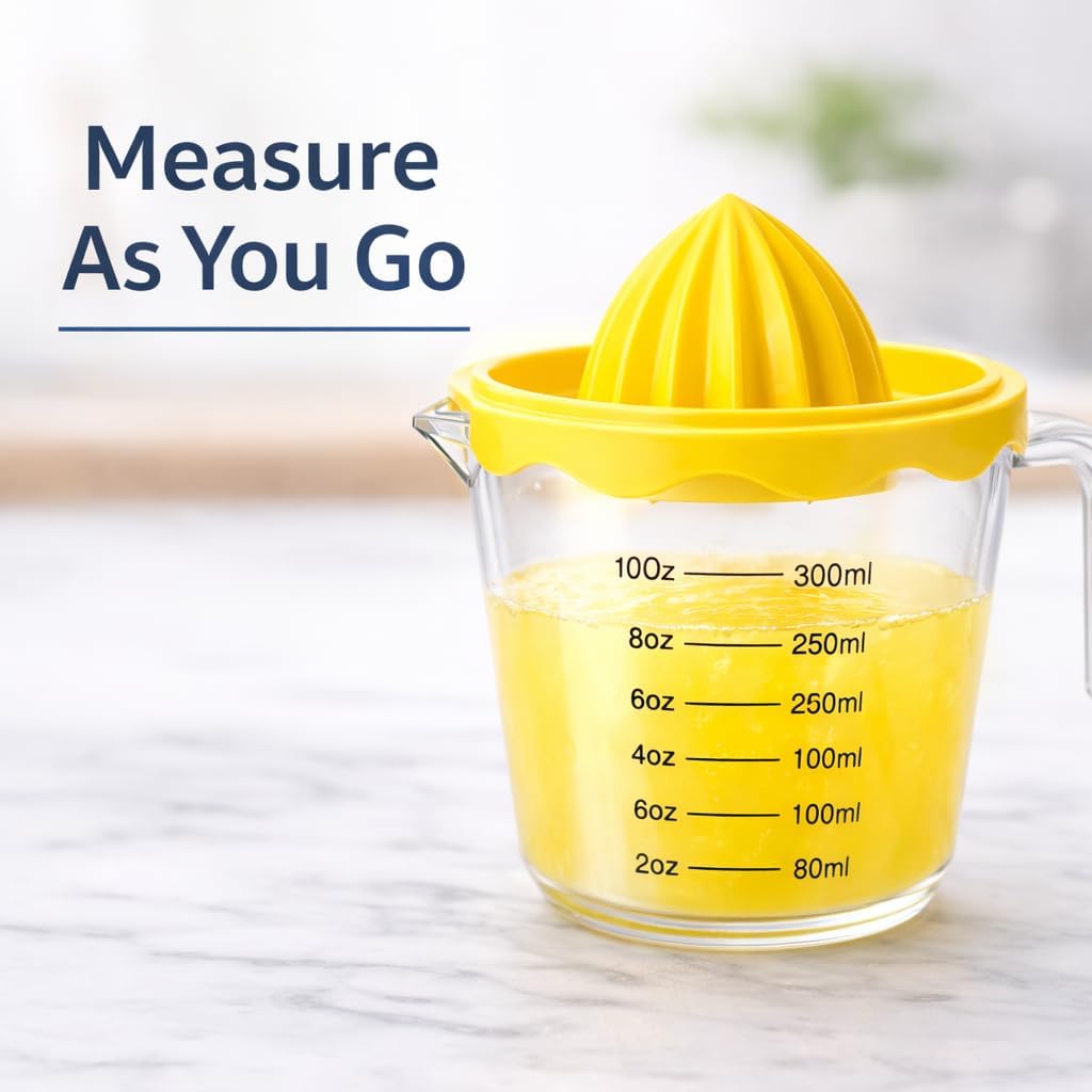 Manual Citrus Juicer with 10oz 300ml Measuring Cup, Lemon Lime Orange Reamer with Built-In Strainer, BPA Free Hand Squeezer with Pour Spout & Handle