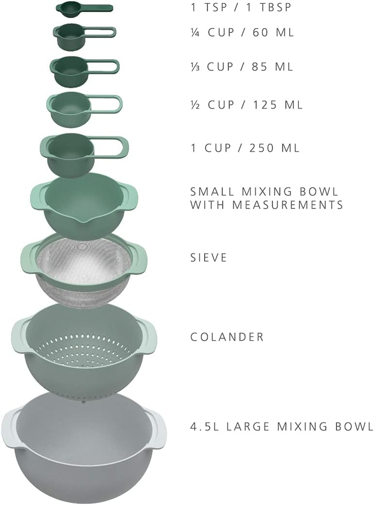 Joseph Joseph Nest 9 Plus, 9 Piece Compact Food Preparation Set with Mixing Bowls, Measuring cups, Sieve and Colander, MultiColor