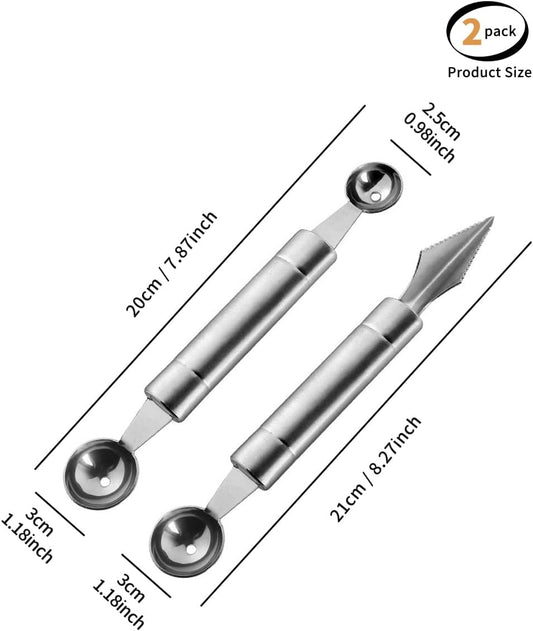 2PCS Stainless Steel Double Headed Watermelon/Honeydew Ball Spoon ，Set Fruit Carving Tool - Suitable for Watermelon and Honeydew Fruit Ice Cream Tools