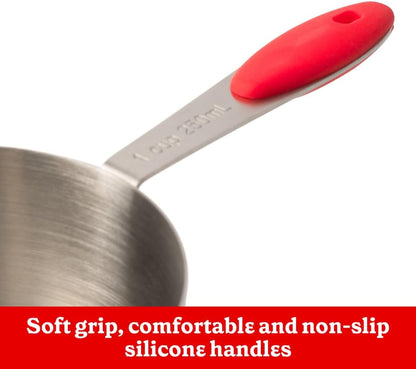 Betty Crocker Measuring Cooking Bundle includes a set of five measuring spoons and five measuring cups. The spoons have a dual design and magnetic snap for easy storage.