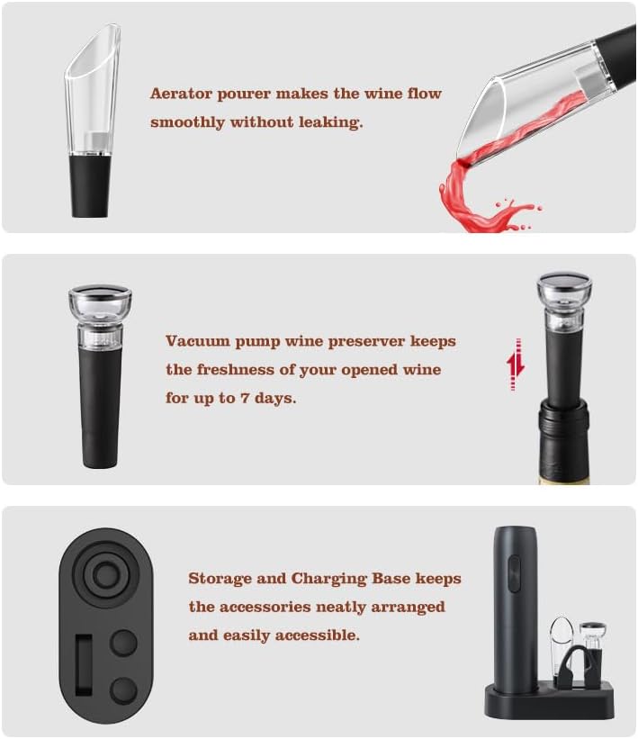 VGY Electric Wine Opener Set, 5 in 1 Rechargeable Automatic Electric Corkscrew with Charging Base, Foil Cutter, Wine Pourer & Vacuum Stopper, Electric Wine Bottle Opener for Home Bar & Wine Lovers