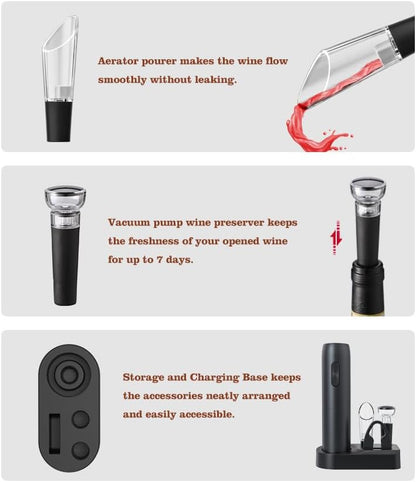 VGY Electric Wine Opener Set, 5 in 1 Rechargeable Automatic Electric Corkscrew with Charging Base, Foil Cutter, Wine Pourer & Vacuum Stopper, Electric Wine Bottle Opener for Home Bar & Wine Lovers