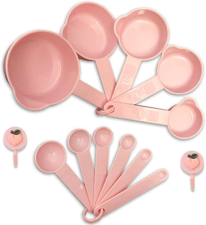 Measuring Cups and Measuring Spoons Set of 11 Pieces, Plastic, Nordic Color, Pink, Included 2 Pieces Kitchen Tool Hook Up