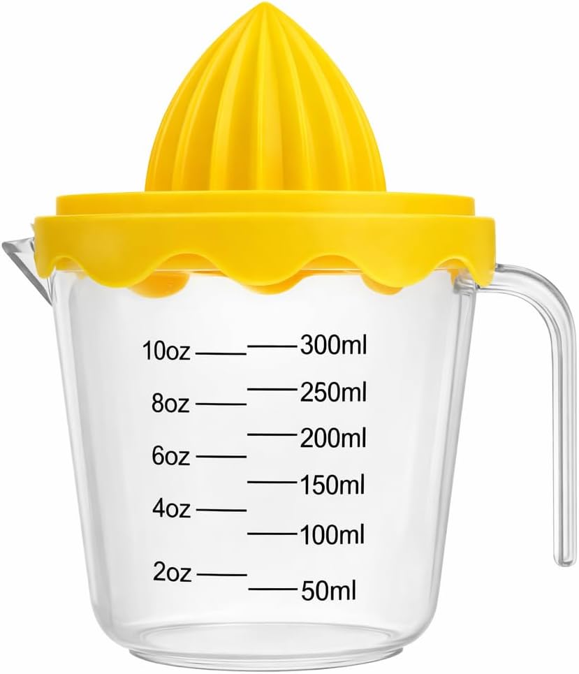 Manual Citrus Juicer with 10oz 300ml Measuring Cup, Lemon Lime Orange Reamer with Built-In Strainer, BPA Free Hand Squeezer with Pour Spout & Handle