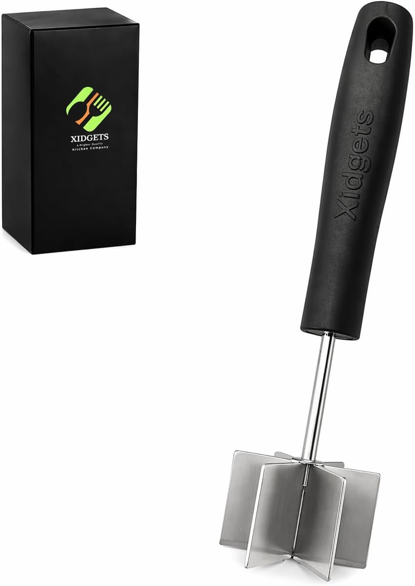 Stainless Steel Mini Meat Chopper & Masher | 6-Blade Ground Beef Chopper Tool | Small Hamburger Smasher | Compact Ergonomic Handle | Dishwasher Safe - 7" (Retro Orange Mini)