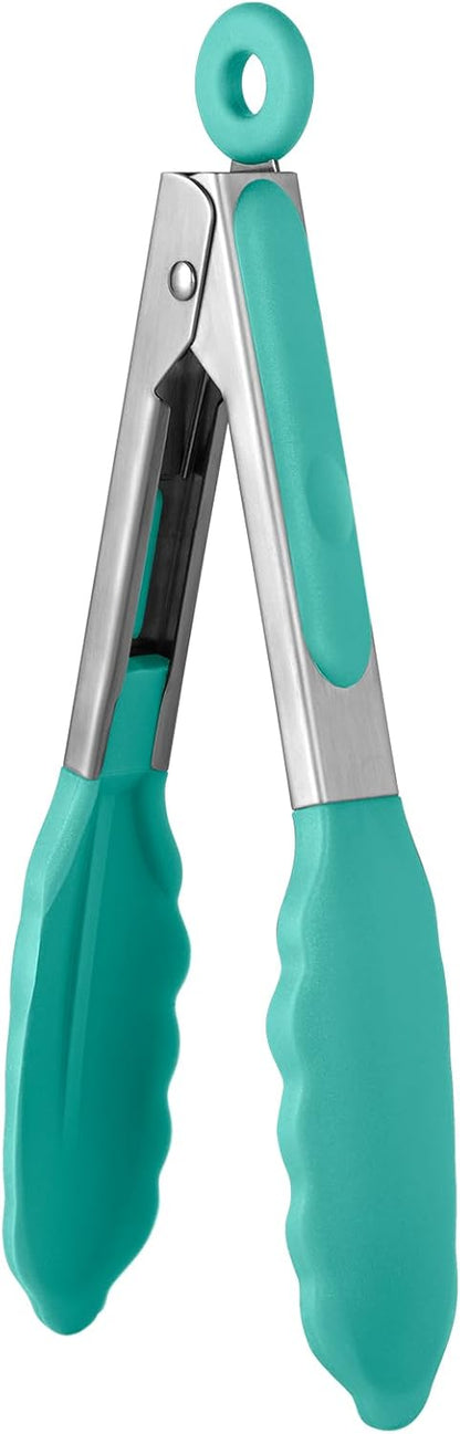 600ºF Heat Resistant Kitchen Tongs: U-Taste 9 inch Silicone Cooking Tong with Firm Sealed Non Stick Rubber Tips & Silicon Coated 18/8 Stainless Steel Handle & Smooth Locking for Serving Salad (Black)
