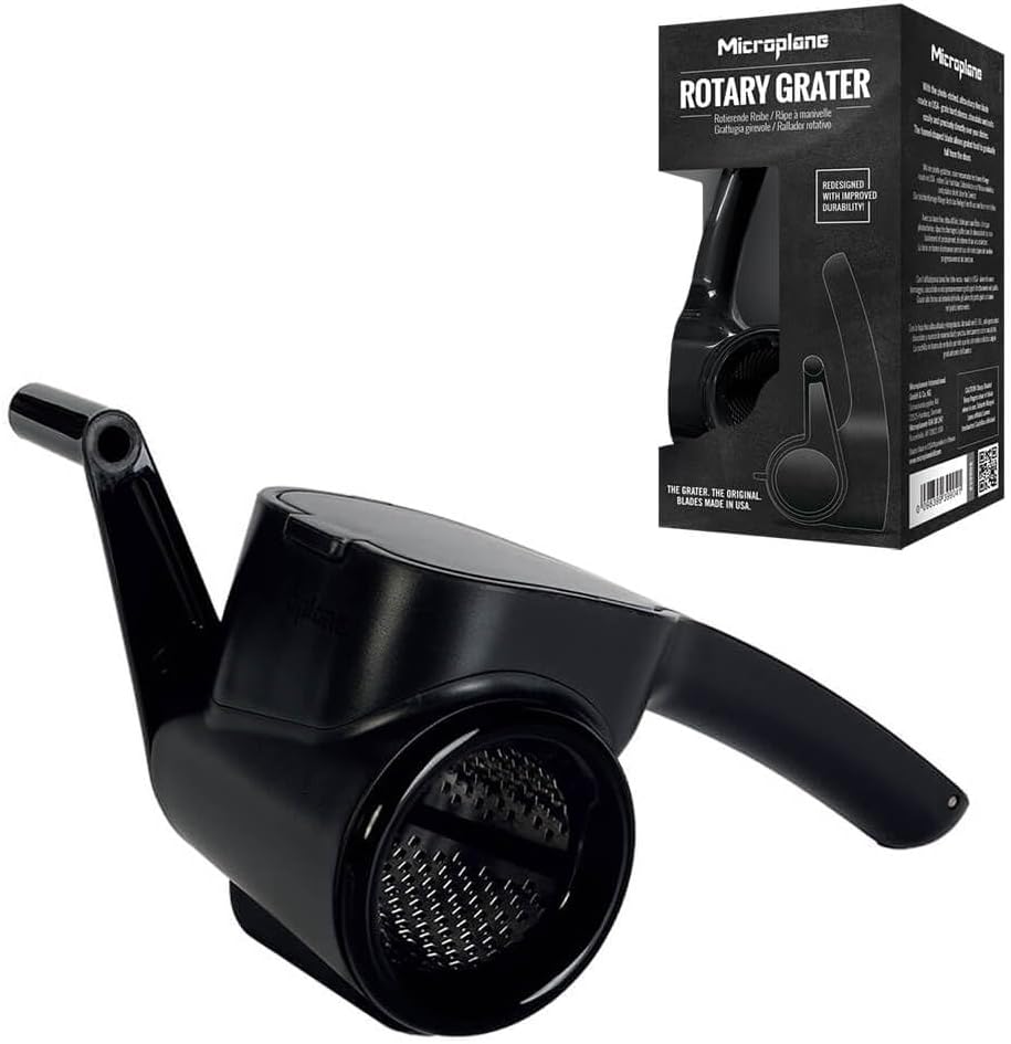 Microplane Professional Handheld Rotary Cheese Grater in Black - Easy-to-Clean, Large Capacity, Ergonomic Design for Left & Right-Handed Use, Perfect for Hard Cheese, Chocolate, Nuts, Vegetables