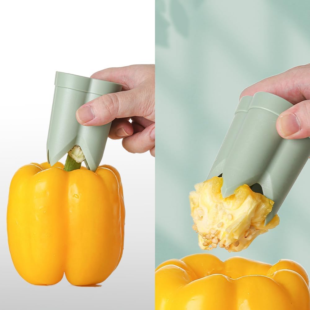 Pepper Seed Corer Remover, 2 in 1 Bell Pepper Cutter Pepper Porer Seed Remover Tool, Pepper Deseeder Bell Pepper Corer Tool Pepper Cutter for Vegetables Kitchen Gadget (Beige)