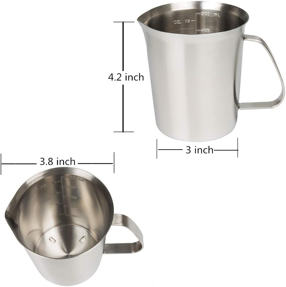 Stainless Steel Measuring Cup (16 Ounce/ 0.5 Liter- 2 Cup), Milk Frothing Pitcher, Steaming Pitcher, Milk Frothing Cup Jug with Marking with Handle for Espresso Machines, Latte Art