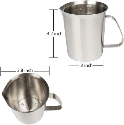 Stainless Steel Measuring Cup (16 Ounce/ 0.5 Liter- 2 Cup), Milk Frothing Pitcher, Steaming Pitcher, Milk Frothing Cup Jug with Marking with Handle for Espresso Machines, Latte Art