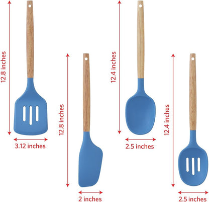 Glad Silicone Kitchen Utensils Set, 8pcs - Nonstick Cooking Tools with Wooden Handles and Utensil Holder - Spatula Set with Turner, Ladle, Spoons, Tongs, and Spaghetti Server - Beige