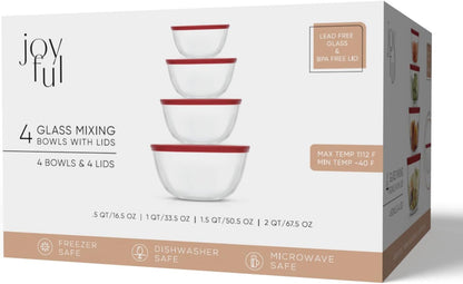 JoyJolt Kitchen Mixing Bowls - 8pc Glass with Lids Set – Neat Nesting Large Bowl Batter Cooking Storage and Big Salad BPA-Free Red