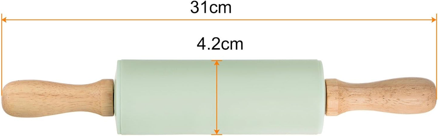 HARFINGTON Silicone Rolling Pins for Baking 12.2 Inch Non-Stick Silicone Surface Wooden Handle Rolling Pin Small Roller Playdough Rolling Pins for Fondant Kitchen Dough Pizza, Green