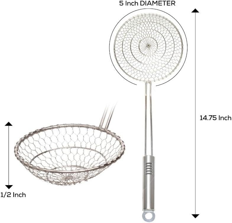 Helen's Asian Kitchen Spider Strainer, 5-Inch Stainless Steel Mesh Basket With Bamboo Handle, For Noodles, Dumplings, Wontons, Deep Frying, And Draining Tasks