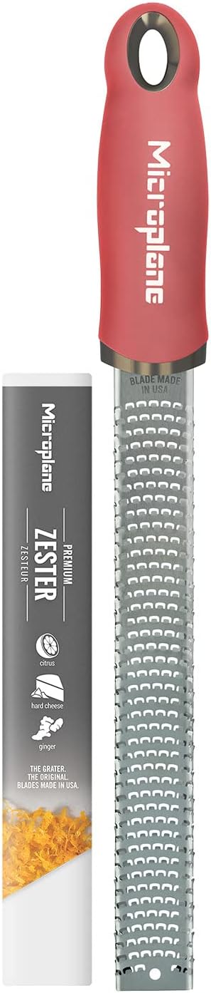 Premium Classic Series Zester - Pomegranate Red | Lemon Zester tool, Hard Cheese & Vegetable Grater | For Citrus, Parmesan Cheese, Garlic, Ginger, Nutmeg | Fine Stainless Steel Blade, Made in USA