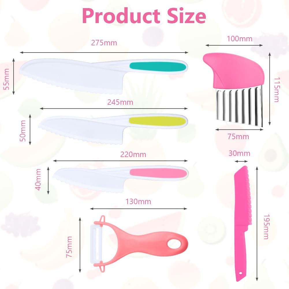 HOTUT Montessori Kitchen Tools,6Pieces Knives for Kids Nylon Kids Safe Cooking Knives Serrated Edges,Y Peeler For Cooking and Cutting Fruit,Suitable for Children and Beginners