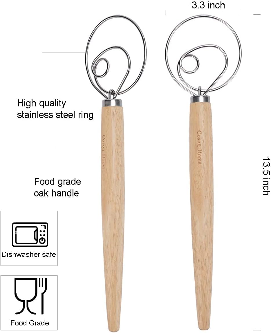 Pack of 2 Danish Dough Whisk, Kitchen Baking Flour Mixing Tool for Sourdough, Bread, Flour Paste, Butter, Pancake, Pizza, Cake, Pastry, Biscuits, Wooden Handle Stainless Steel Ring