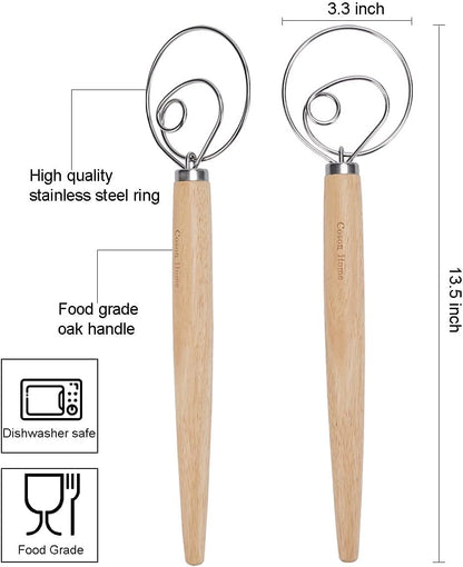 Pack of 2 Danish Dough Whisk, Kitchen Baking Flour Mixing Tool for Sourdough, Bread, Flour Paste, Butter, Pancake, Pizza, Cake, Pastry, Biscuits, Wooden Handle Stainless Steel Ring