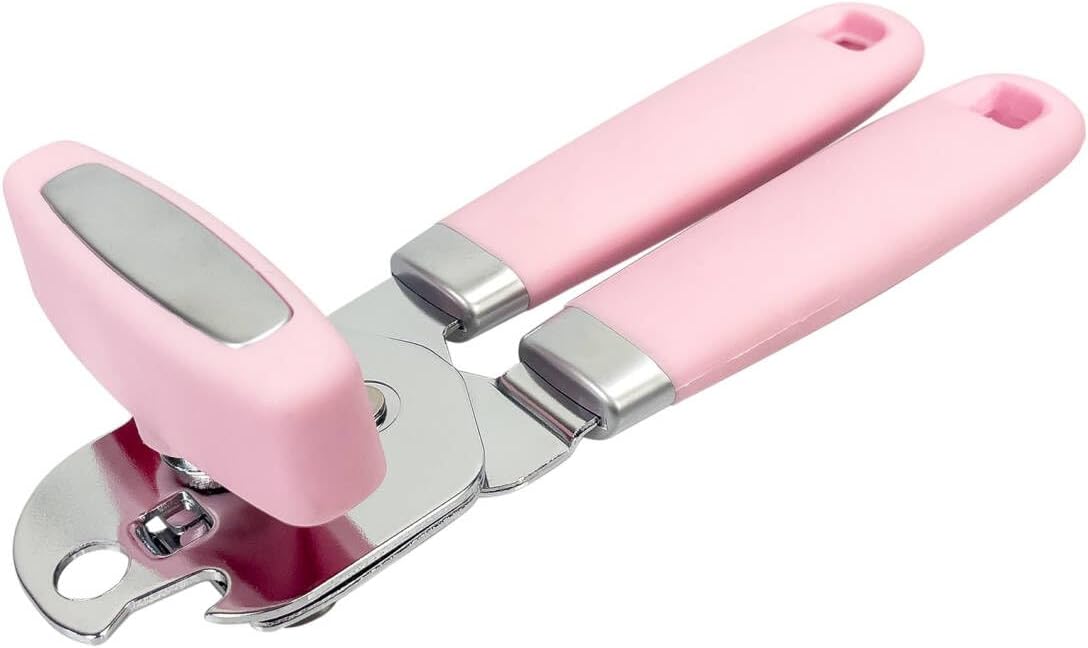 Manual Can Opener, Handheld Comfortable Grip, Oversized Easy Turn Knob, Built in Bottle Opener, Hangs for Convenient Kitchen Storage, Easily Open Tin Cans for Smooth Edge, Pink (Pink, Single)