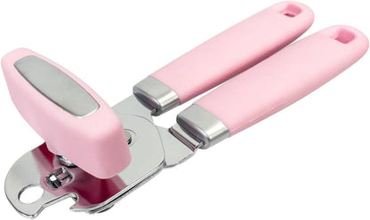 Manual Can Opener, Handheld Comfortable Grip, Oversized Easy Turn Knob, Built in Bottle Opener, Hangs for Convenient Kitchen Storage, Easily Open Tin Cans for Smooth Edge, Pink (Pink, Single)
