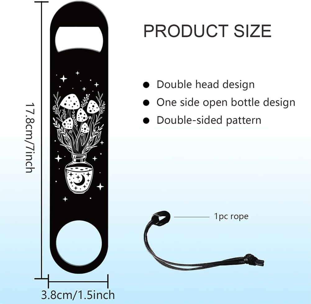 GLOBLELAND 7inch Lunar Phase and Mushrooms Art Stainless Steel Bottle Opener with PU Cord Bar Key for Bartender Beer Bottle Opener Flat Bar Bartender Openers Gift for Home Kitchen Bar Party