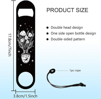 GLOBLELAND 7inch Lunar Phase and Mushrooms Art Stainless Steel Bottle Opener with PU Cord Bar Key for Bartender Beer Bottle Opener Flat Bar Bartender Openers Gift for Home Kitchen Bar Party