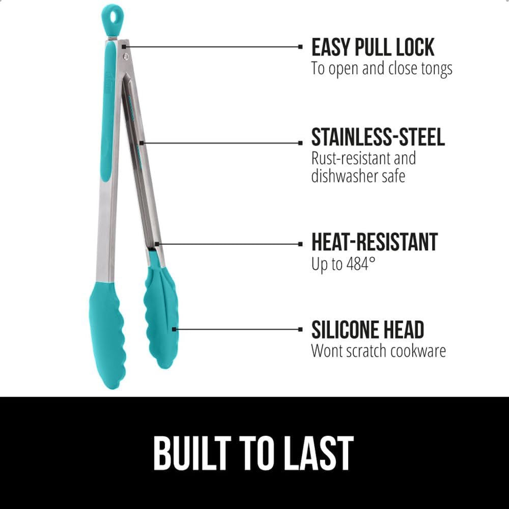 GORILLA GRIP Stainless Steel Heat Resistant Kitchen Tongs for Cooking, Set of 2 BBQ Tong, Non Scratch Silicone Tip for Pans, Strong Grip, Grab Food, Toss Salad, Air Fryer, Pull Lock, 7 + 9 Inch, Black