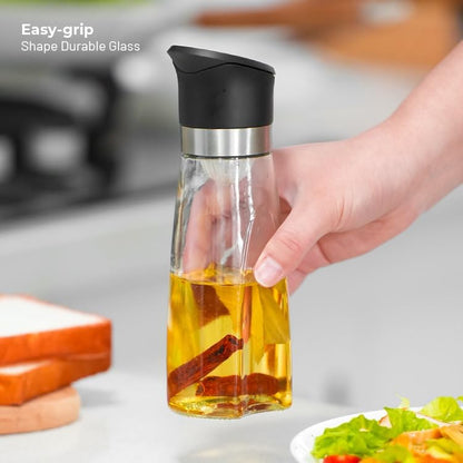 Premium Glass Olive Oil and Vinegar Dispenser Bottles Set, 2-Piece 16oz Kitchen Cooking Cruet with Auto-Open Lid, Non-Drip Pouring Spout, Oil Infuser Filter, Dishwasher Safe
