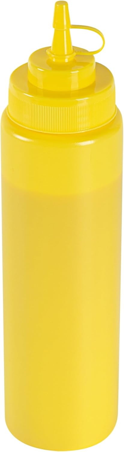 Restaurantware Plastic Squeeze Bottle 20 oz Refillable Condiment Bottle Large Valve Dishwashable Yellow Inverted Sauce Dispenser For Thick Condiments, Dressings, Batter, Sour Cream, And Syrups