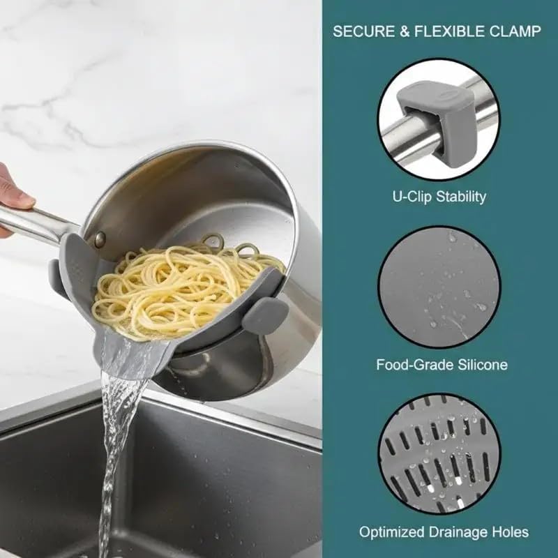 Silicone Clip-On Strainer Anti-Spill Pasta Vegetable Colander Food-Grade High Temperature Resistance Kitchen Gadgets