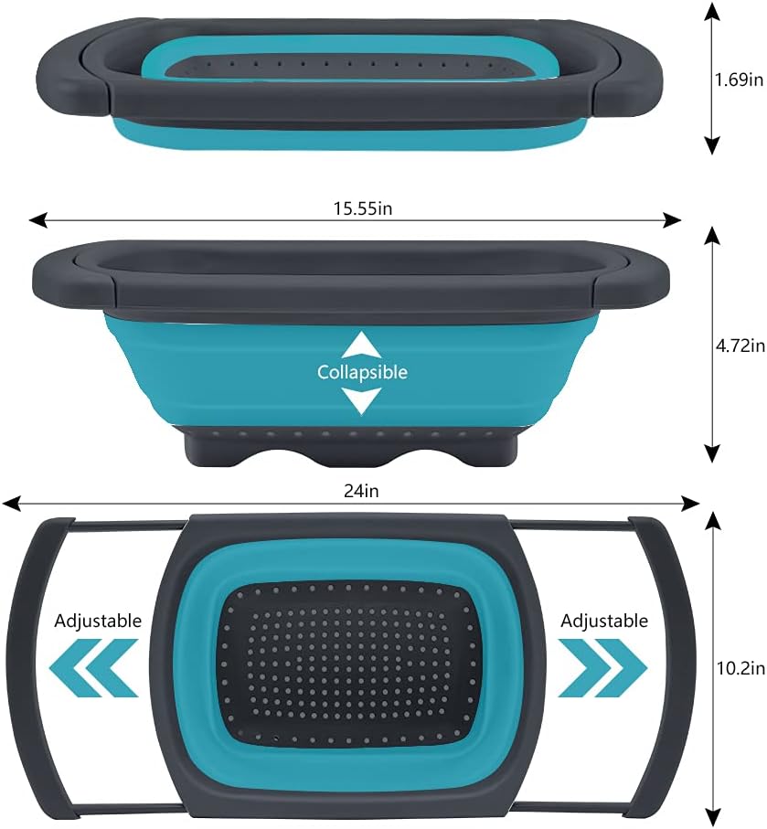 QiMH Collapsible Colanders Set of 3, 4 Quart Colander, 4 Quart Folding Basin, and 6 Quart(1.5 gal) Over the Sink Extendable Colander, Space-saving Silicone Kitchen Foldable Food Strainer