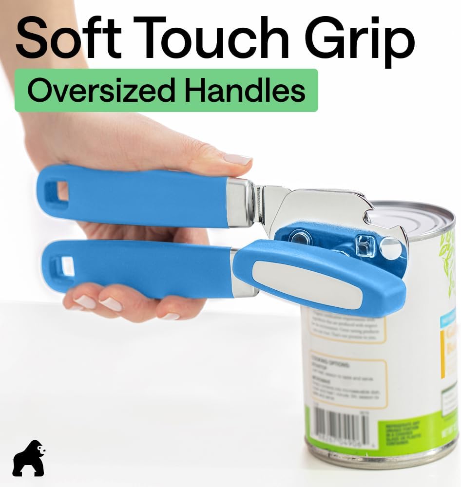 GORILLA GRIP Heavy Duty Stainless Steel Smooth Edge Manual Can Opener and Bottle Openers, US Designed, Soft Comfortable Handle, Oversized Handheld Turn Knob, Multifunctional Kitchen Tool, Black