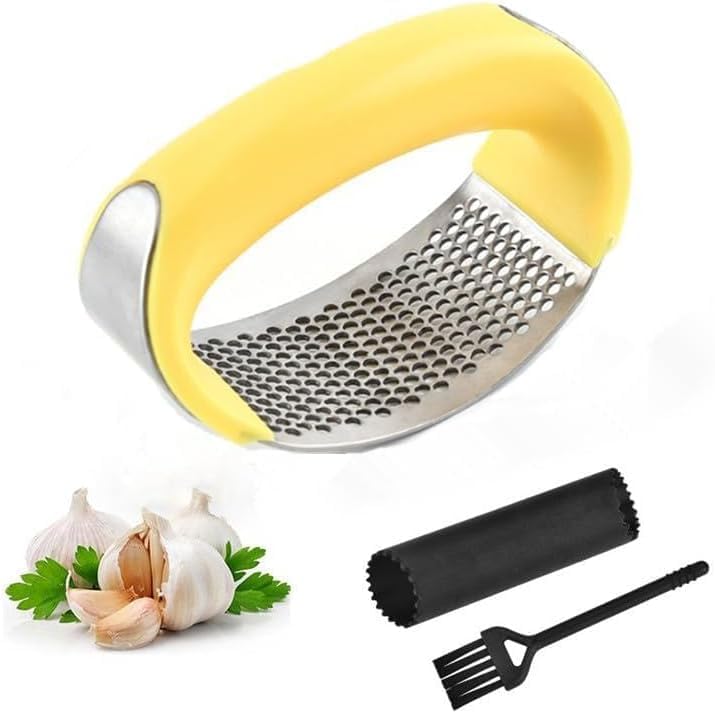 Angel's Peel Lounge Stainless Steel Garlic Press Rocker Set with Silicone Garlic Peeler & Cleaning Brush – Garlic Chopper, Mincer, Grater, Crusher – Easy for Crushed Cloves – Rust-Resistant, Black