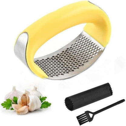 Angel's Peel Lounge Stainless Steel Garlic Press Rocker Set with Silicone Garlic Peeler & Cleaning Brush – Garlic Chopper, Mincer, Grater, Crusher – Easy for Crushed Cloves – Rust-Resistant, Black