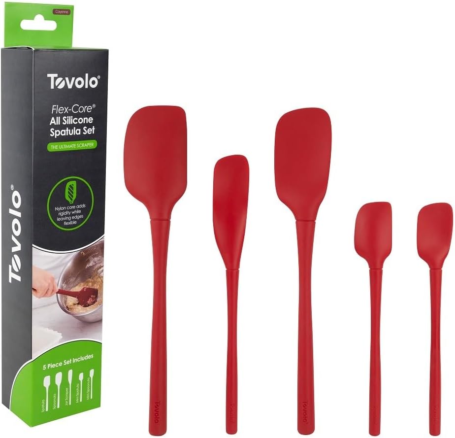 Tovolo Stainless Steel Handled Silicone Spatula Set of 5 White, Dishwasher Safe Kitchen Spatula Set for Cooking Baking, Non Toxic BPA Free Silicone Spatula set with Metal Steel Handle