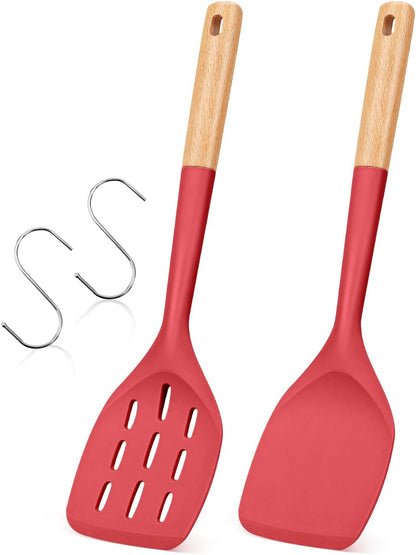 Pack of 2 Silicone Spatula, Non Stick Cooking Utensil Set Wooden Handle Kitchen Turner for Baking Mixing Grilling Serving Food Heat Resistant Non Scratch Hooks Included (Khaki)