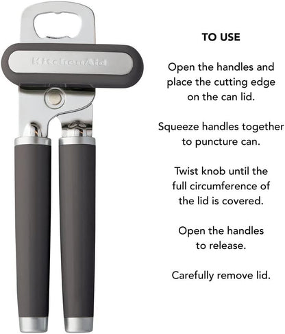 KitchenAid Classic Multifunction Can Opener and Bottle Opener Easy to Use, Razor Sharp Stainless Steel Cutting Wheel, Soft Ergonomic Handles, Black