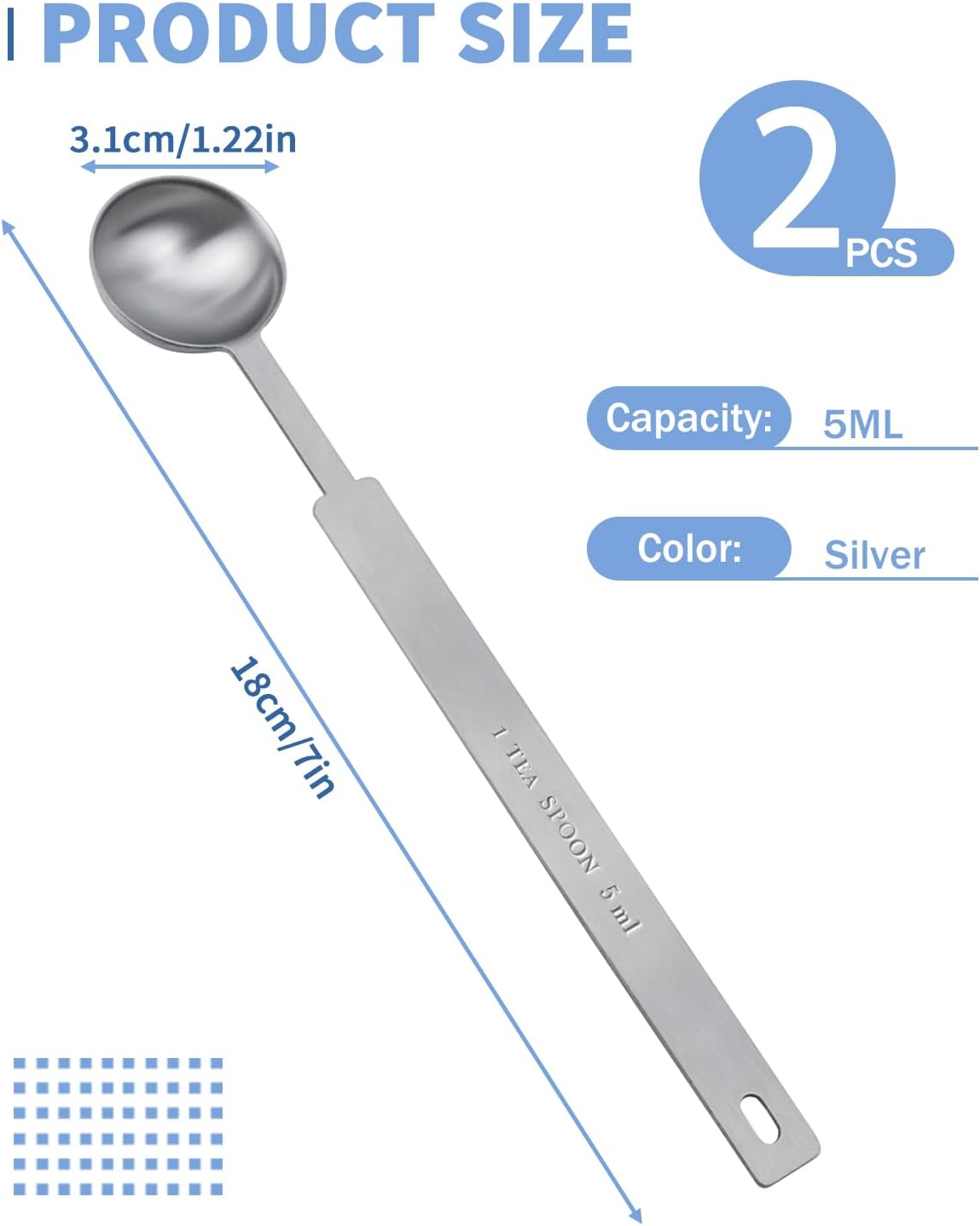 Teaspoon Measuring Spoons, 7.5mL (7.5 cc | 1/4 oz) Stainless Steel Teaspoon Scoop, Long Handle Metal Measuring Spoons for Cooking,Baking (0.25 OZ)