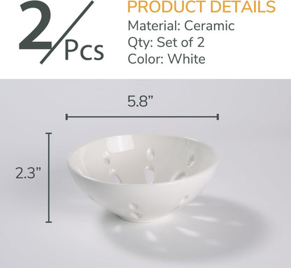 Ceramic Berry Basket, Round Fruit Bowl with Draining Hole, 5.8" Berry Colander for Kitchen Counter, Fruit Baskets Set of 2, White