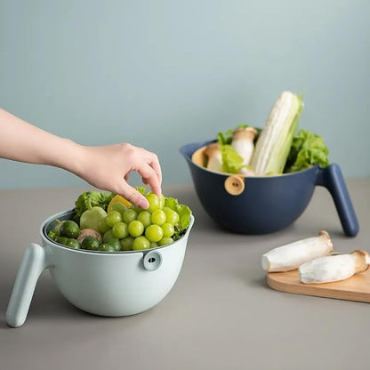 2 in 1 Kitchen Colander Rotating Washing Basket with Handle 2-Qt for Fruits Vegetables Pasta Noodles Washing Basket, BPA Free Plastic, Double-Layer, Detachable