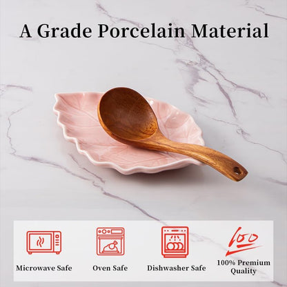 Ceramic Leaf Shape Spoon Rest for cooking, Cute Green Cooking Spoon Holder for Stove Top,Large Porcelain Spatula Rest for Kitchen Counter, Farmhouse Kitchen Decor (green)