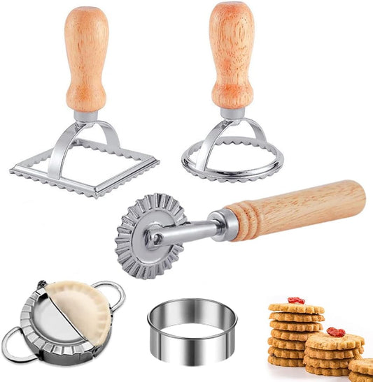 [14 Pieces Upgraded] Ravioli Pasta Cutter Wheel Set, Ravioli Maker Cutter with Roller Wheel with Wooden Handle, Pasta Press Wheel Pasta Tools For Pasta Making Dumplings, Pierogi (14-Pcs Set)