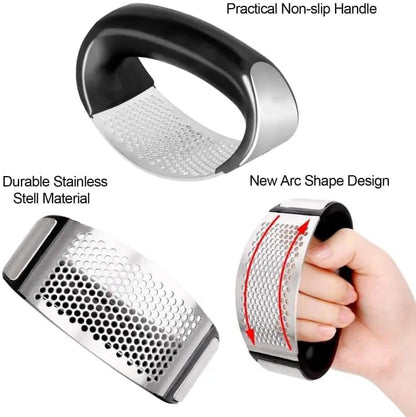 Premium Stainless Steel Garlic Press – Heavy Duty, Rustproof, Dishwasher Safe & Easy to Use – Includes Silicone Finger Protector & Bonus Finger Guard for Safe Cooking.
