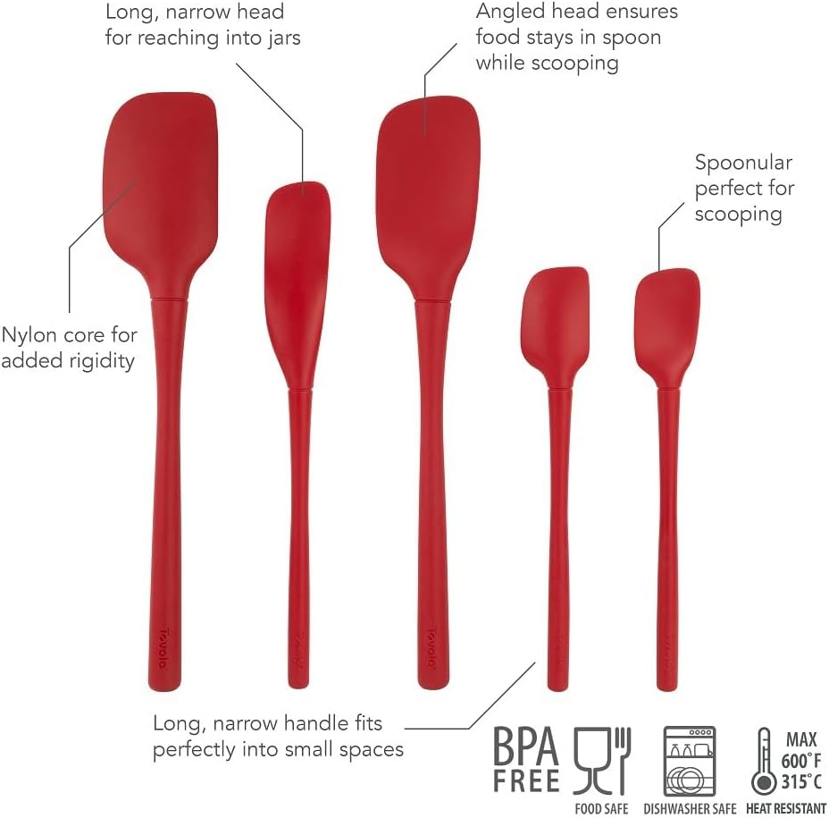 Tovolo Stainless Steel Handled Silicone Spatula Set of 5 White, Dishwasher Safe Kitchen Spatula Set for Cooking Baking, Non Toxic BPA Free Silicone Spatula set with Metal Steel Handle