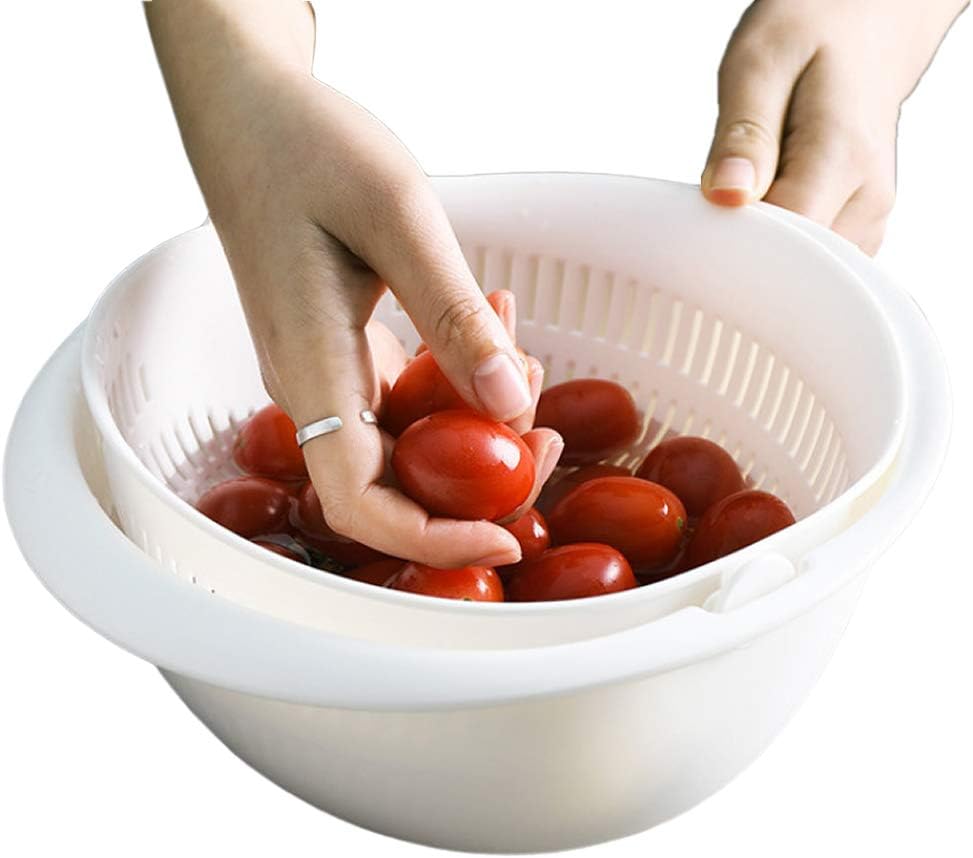 Double Layer Swivel Drainer 2 in 1 Bowl Strainer Combo - Kitchen Colander Fruit Wash Strainer for Cleaning Veggies, Noodles (Beige)