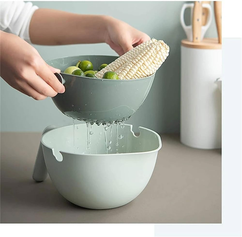 2 in 1 Kitchen Colander Rotating Washing Basket with Handle 2-Qt for Fruits Vegetables Pasta Noodles Washing Basket, BPA Free Plastic, Double-Layer, Detachable