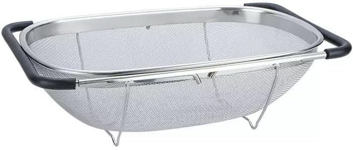 NikLye Stainless Steel Over the Sink Colander Basket with Expandable Handles, 6 Quart Fine Mesh Strainer for Pasta, Vegetables and Rice
