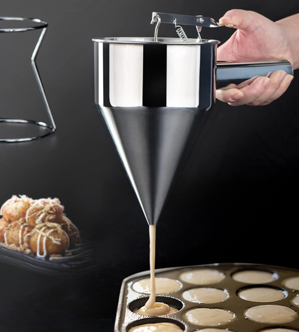 40.6oz / 1200ml, Pancake Batter Dispenser With Stand, Conical Batter Funnel With Squeeze Handle, Stainless Steel Batter Pourer For Baking, Cake, Desserts, Muffins