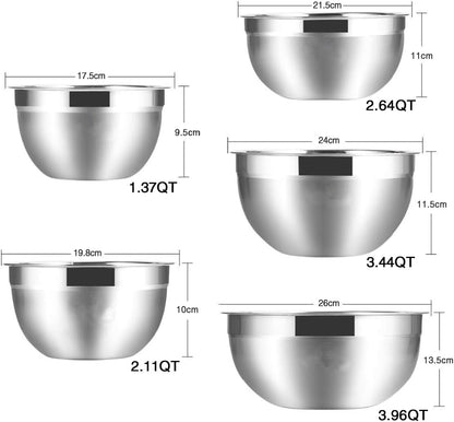 Mixing Bowls, 5Pcs Stainless Steel Mixing Bowl Set, Utensils for the Kitchen, Multifunctional, Stackable, Dishwasher Safe, 3.75L / 3.25L / 2.5L / 2L / 1.3L (With lid)